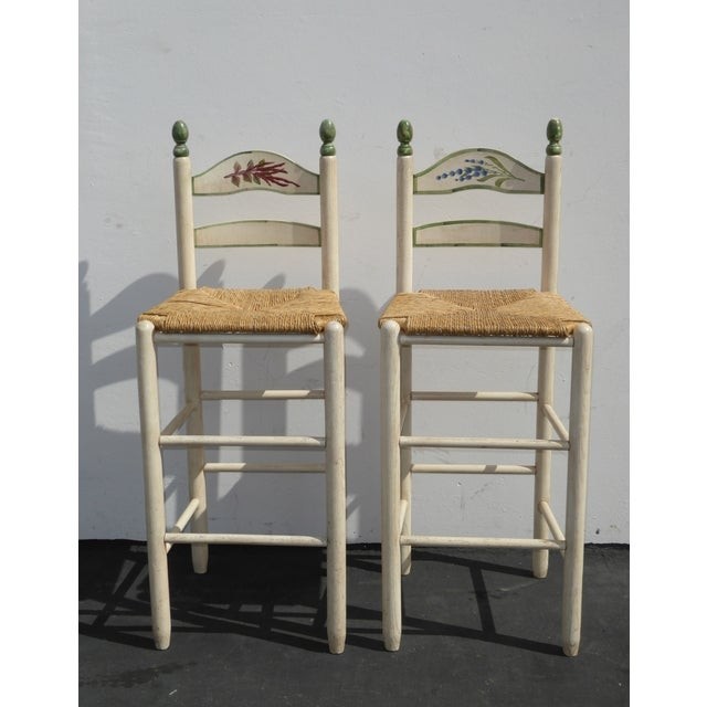 French country white rush seat bar stools pair chairish