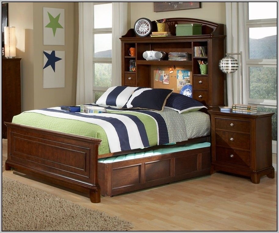 Full size trundle bed with bookcase headboard bookcase