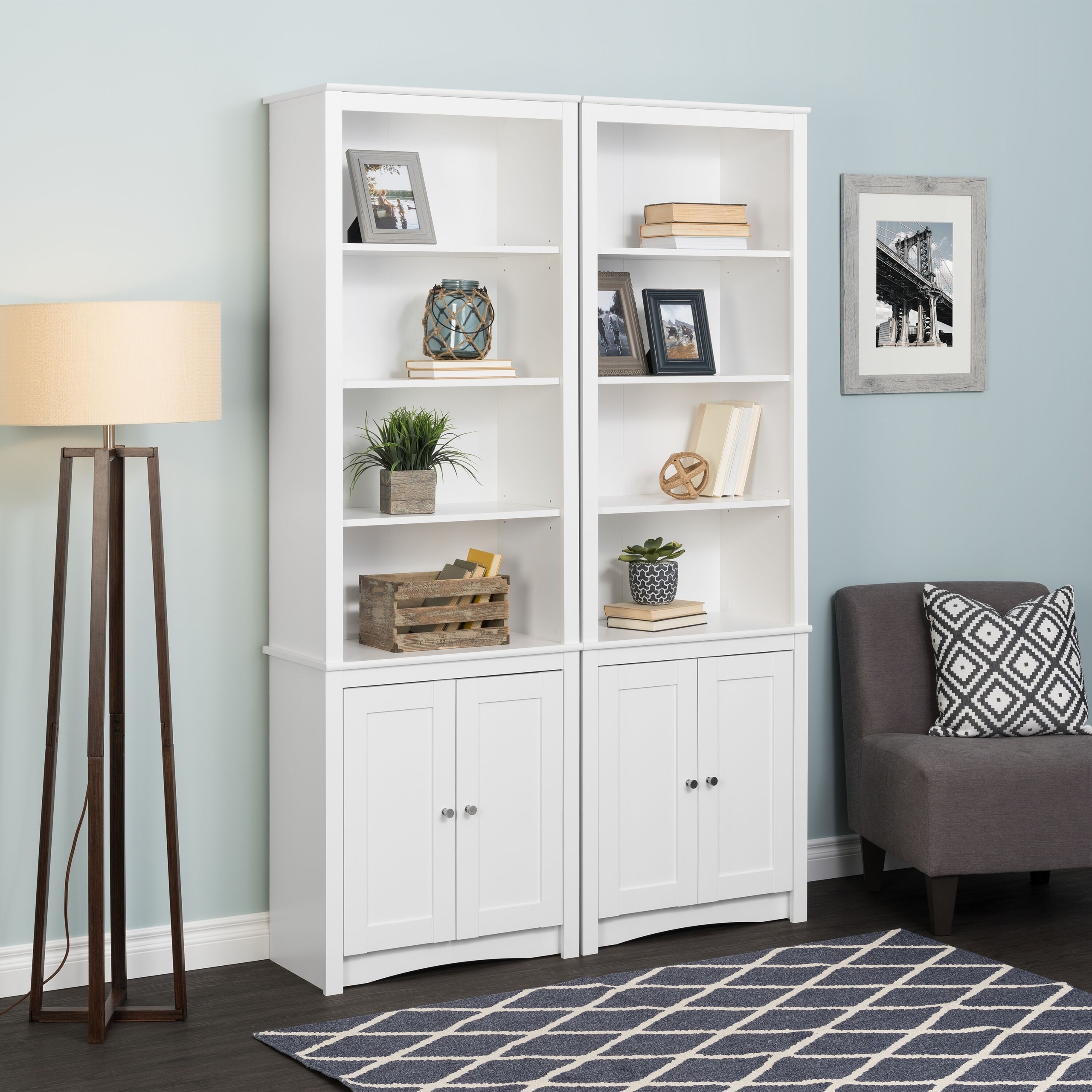 Home office white wood tall bookcase w 2 shaker doors