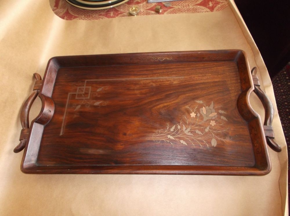 Large asian antique wood tea breakfast tray floral brass