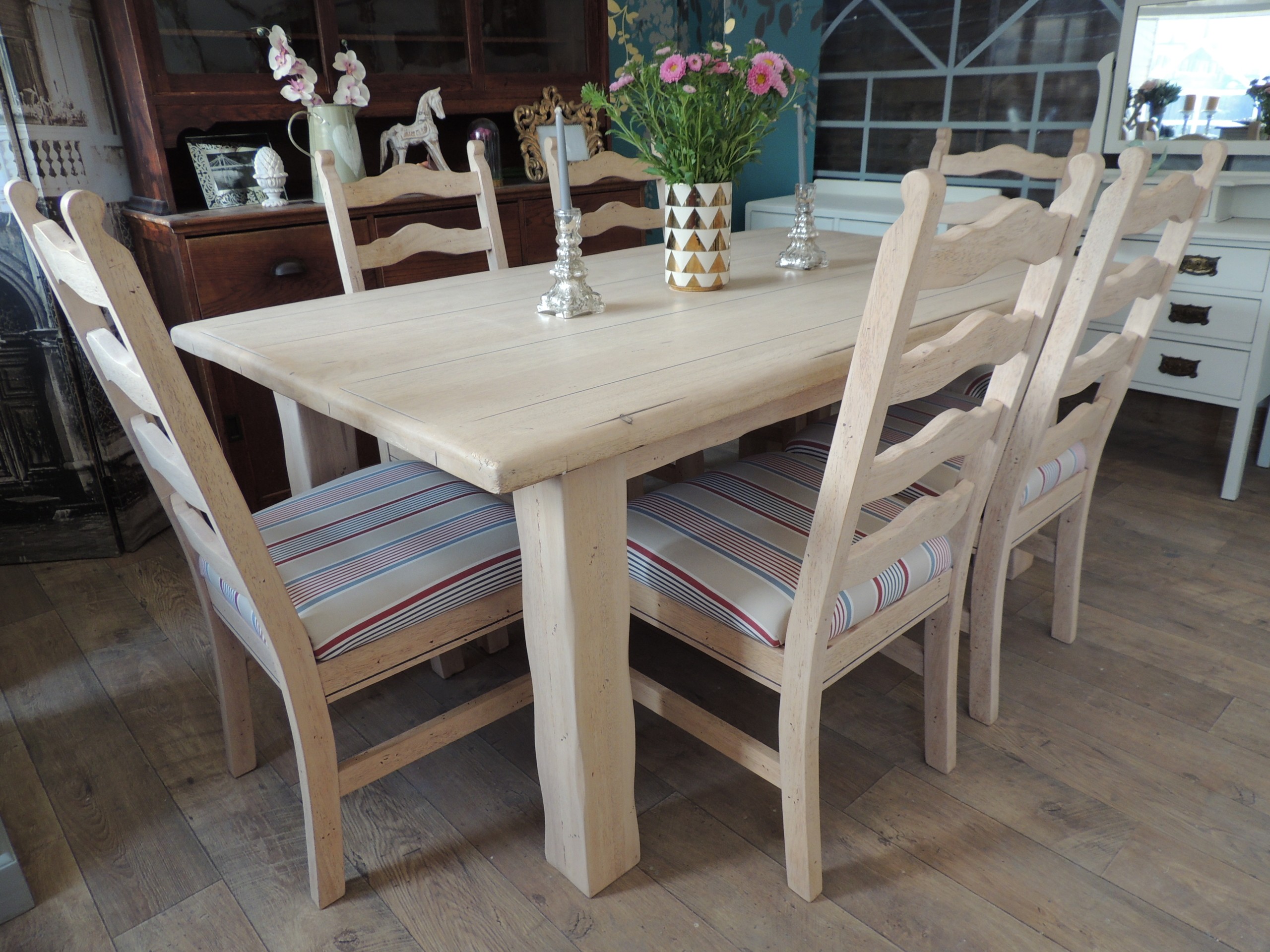 Lovely rustic farmhouse style dining table with six chairs