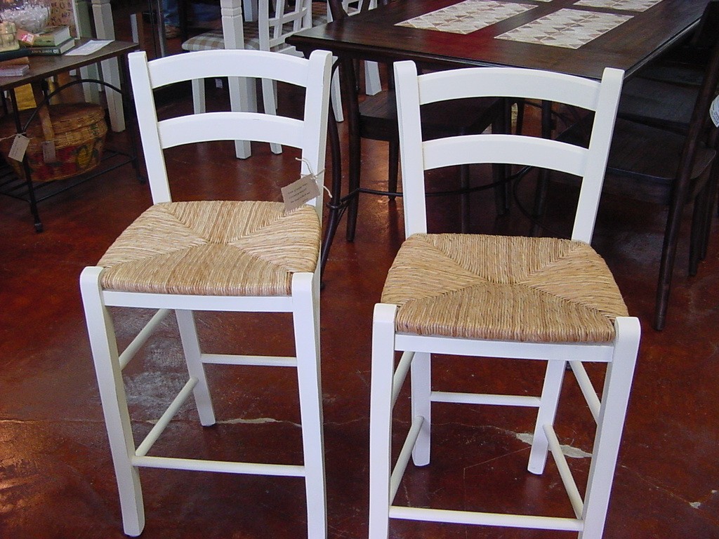 Pair of rush seat bar stools in lightly distressed cottage