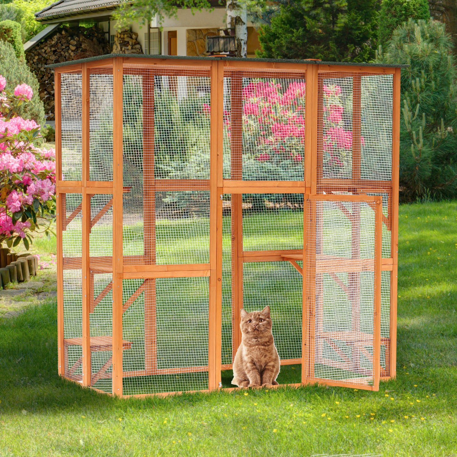 Pawhut large wooden outdoor cat enclosure cage pet house 1
