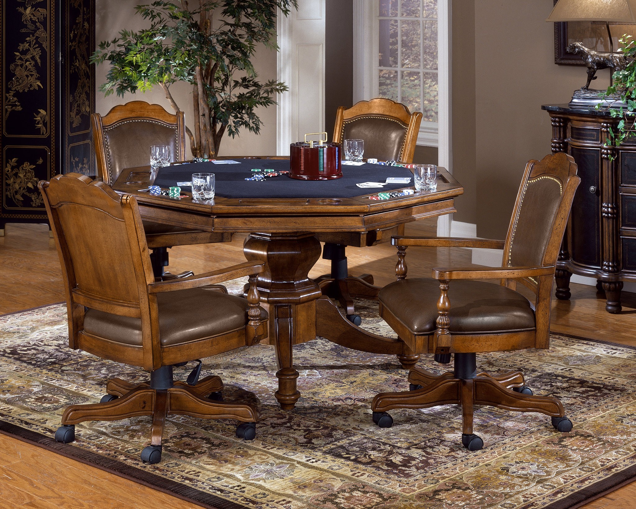 Poker table with leather back game chairs classic wood
