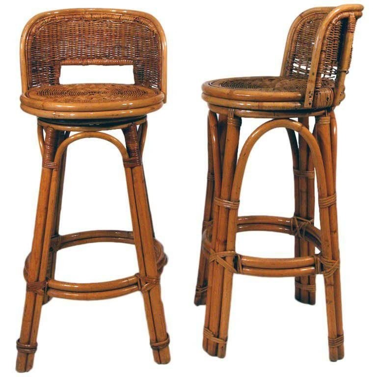 Rattan bar stool pair with woven wicker seats set of