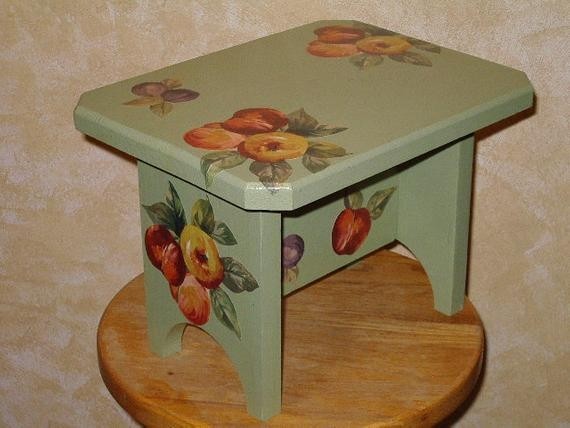 Rectangular decorative step stool in green with decoupage