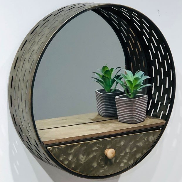 Round wall mirror with drawer shelf antique farmhouse