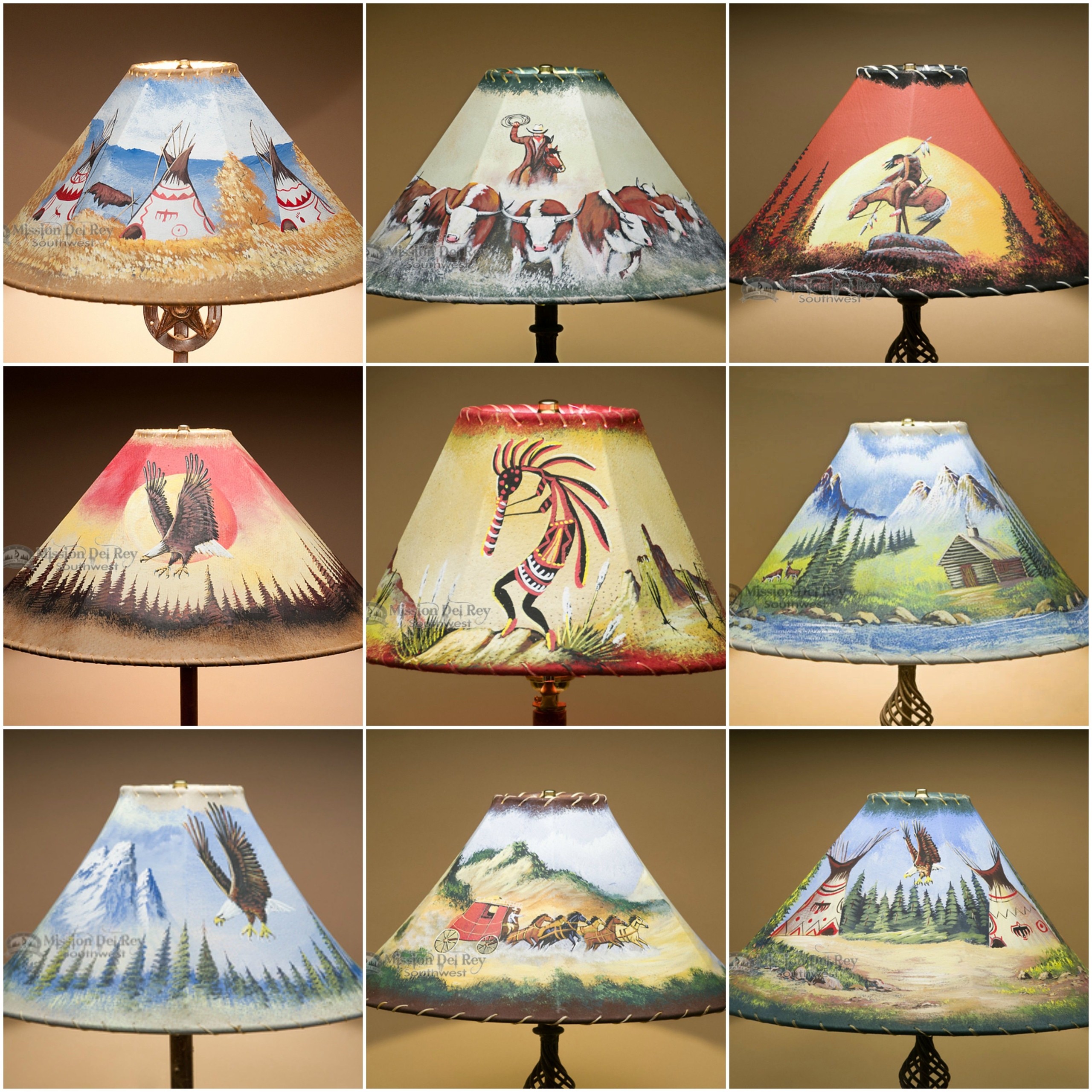 Rustic painted rawhide lamp shades for southwest