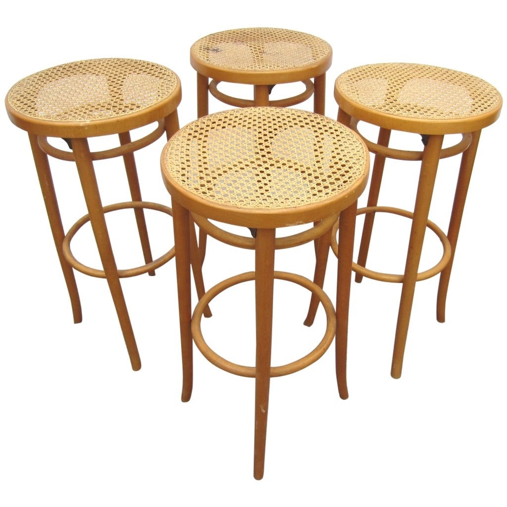 Set of four vintage michael thonet design cane bar stools