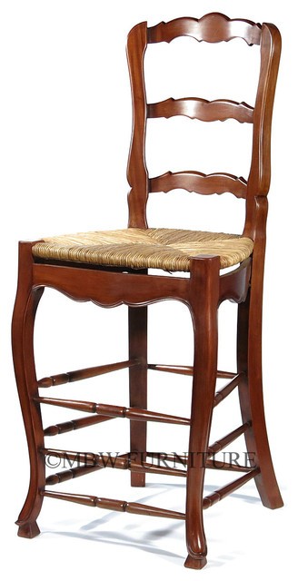 Solid mahogany ladder back barstool with hand woven rush