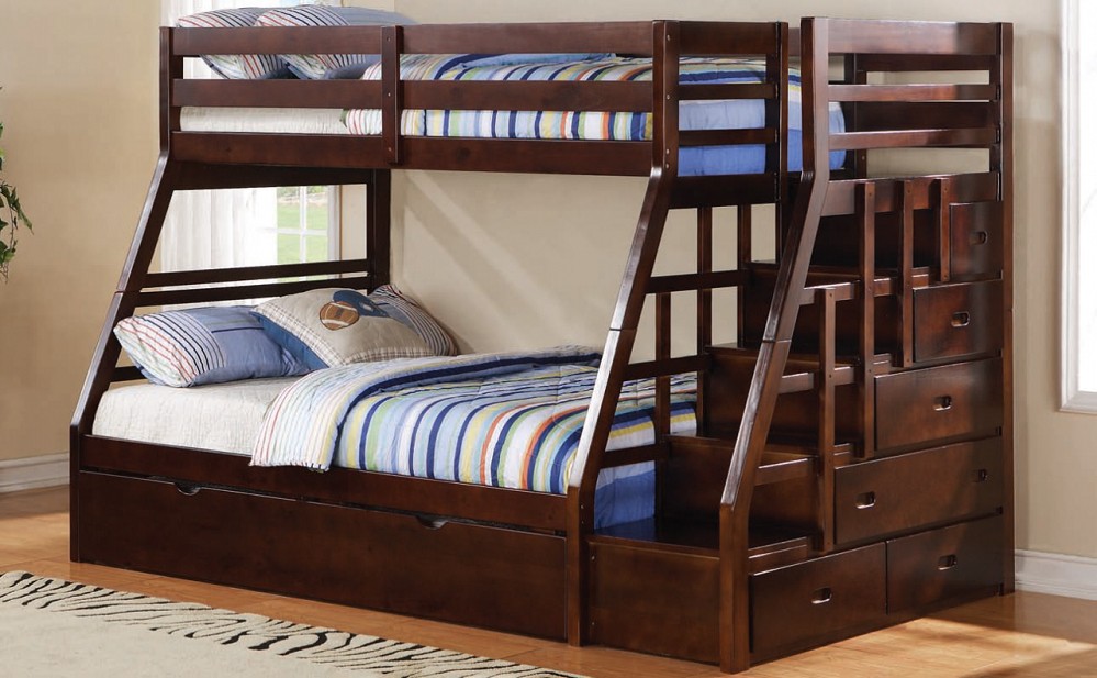 Twin over full bunk bed jason espresso step stairway drawers