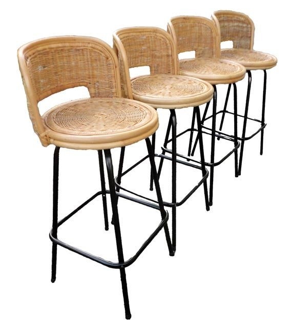 Vintage mid century bar stools eames rattan swivel bamboo