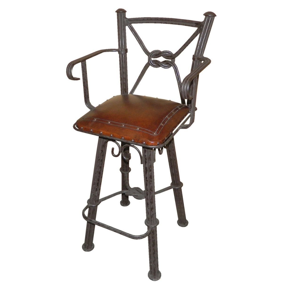 Western iron swivel barstool with arms and leather seat