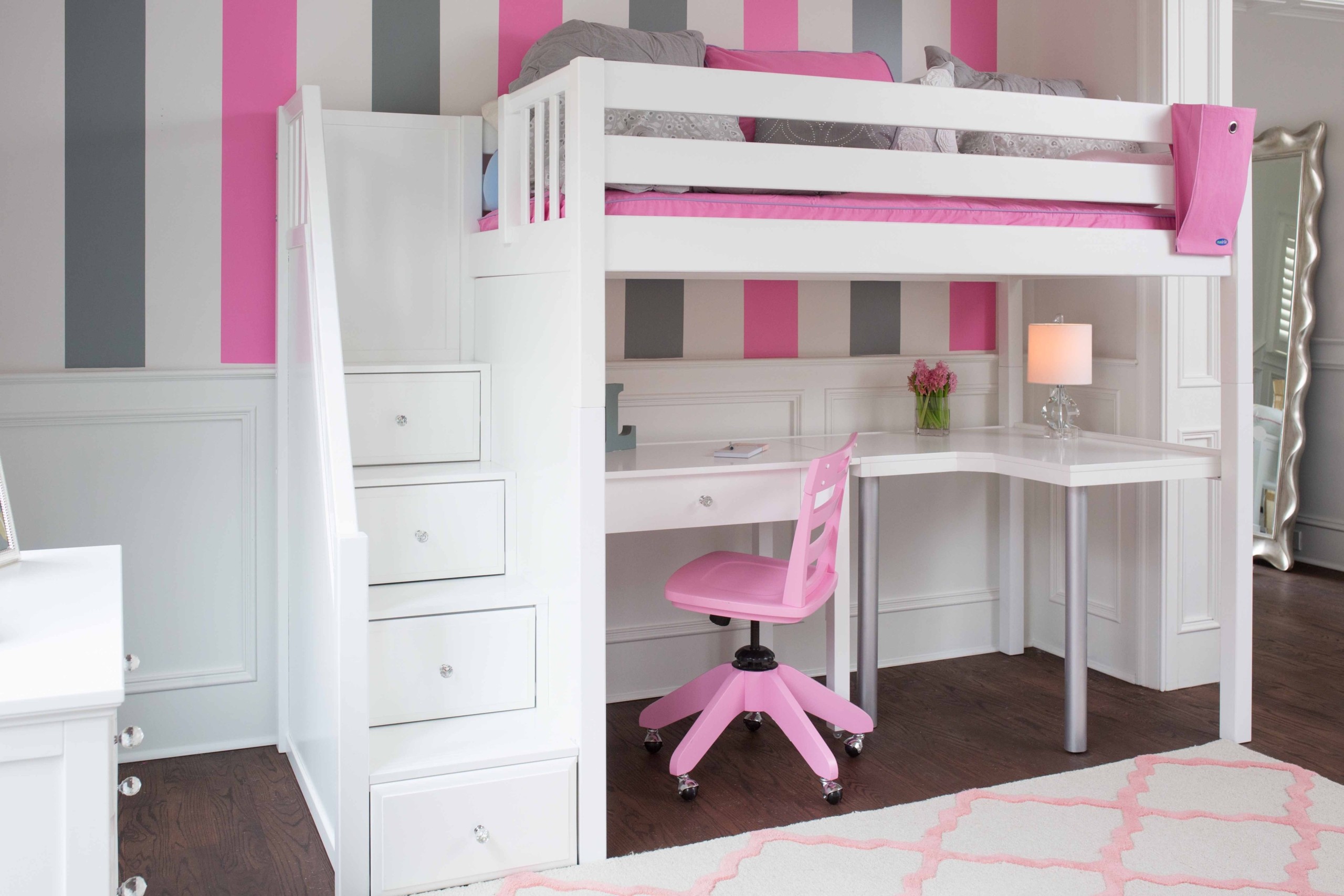 White loft bed with desk and storage