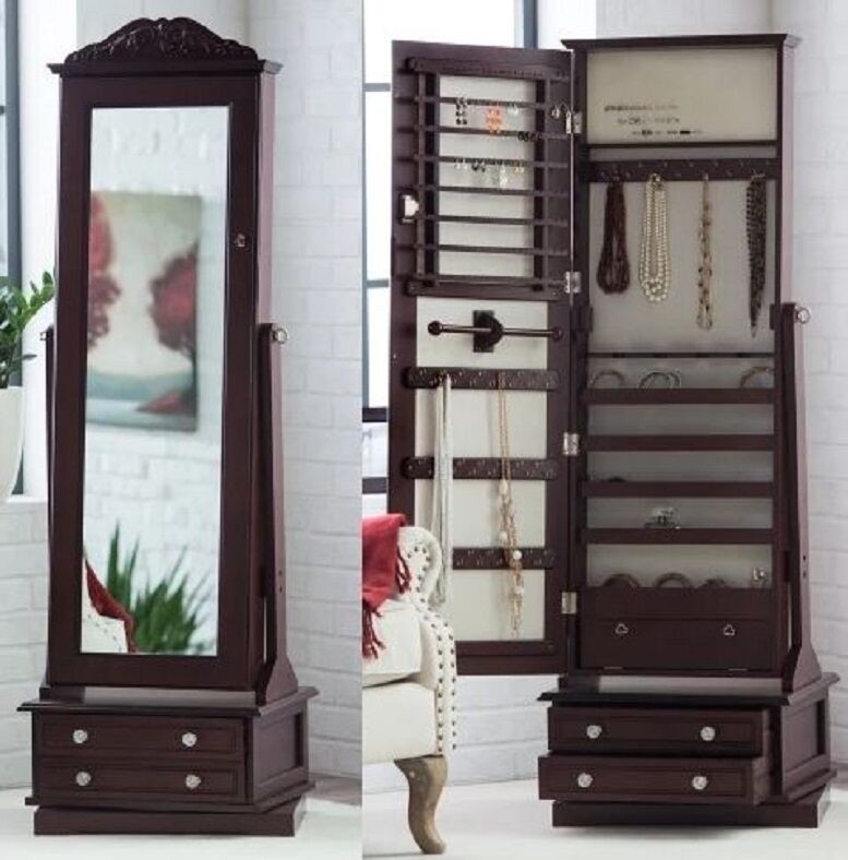 Wooden jewelry armoire in swivel cheval full length floor