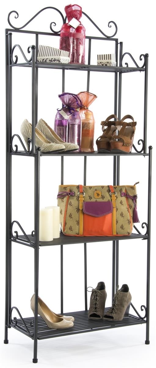 Wrought iron rack 4 wire shelves stabilizing levelers