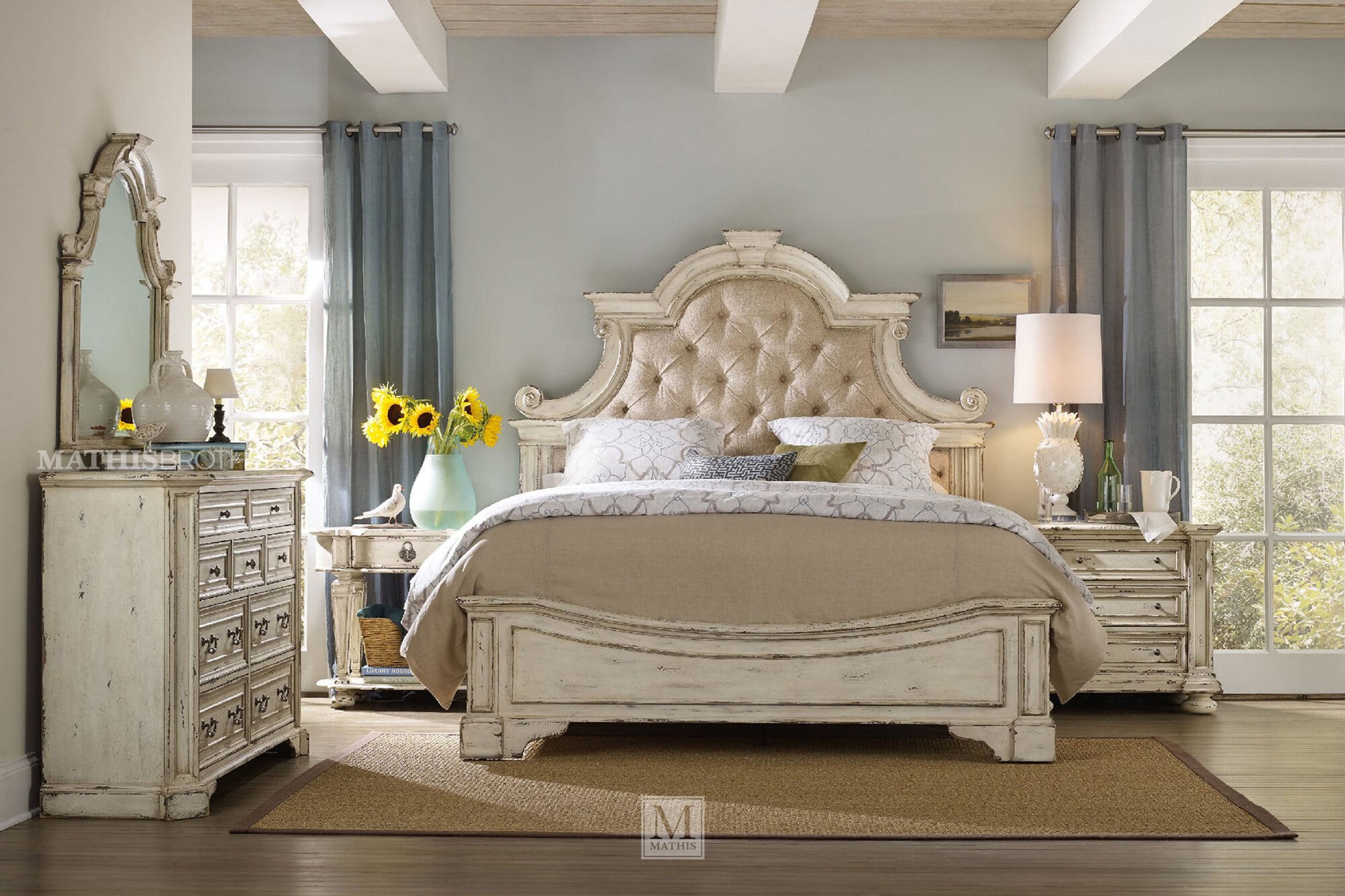 81 distressed button tufted bed in antique white mathis