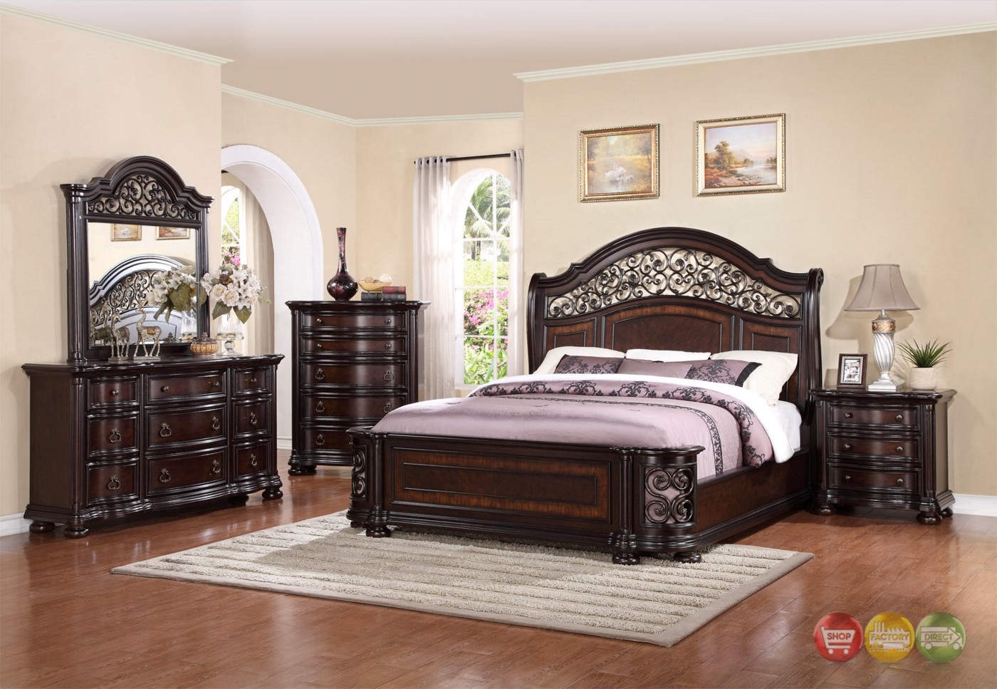 Allison wrought iron and wood king sleigh bed in dark