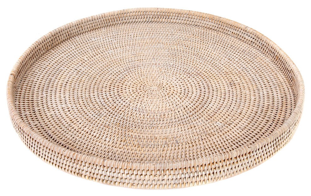 Artifacts rattan round serving ottoman tray tropical