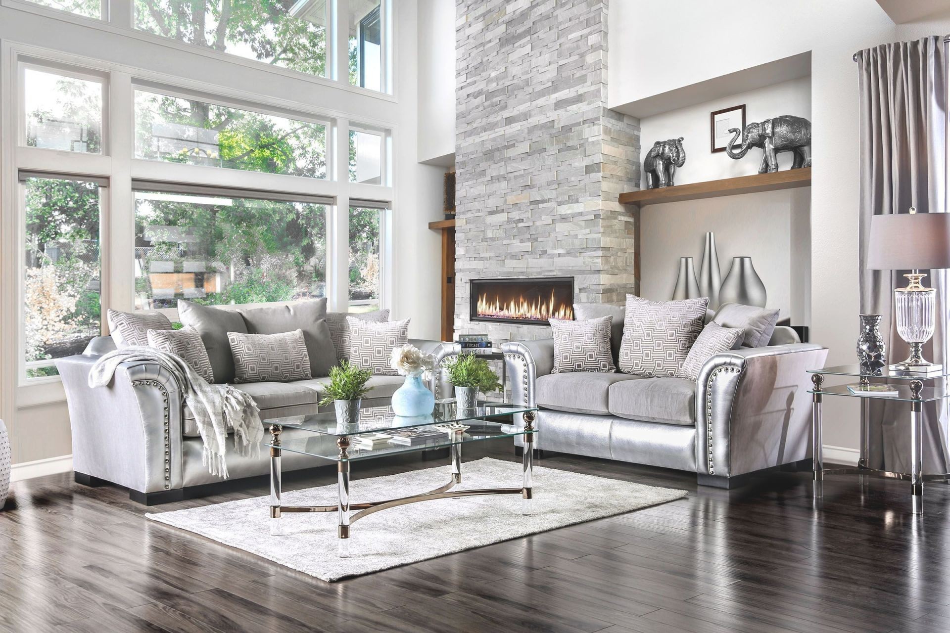 Benigno silver living room set in lovely gray living room