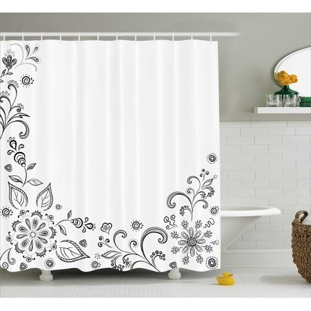 Black and white shower curtain monochrome floral