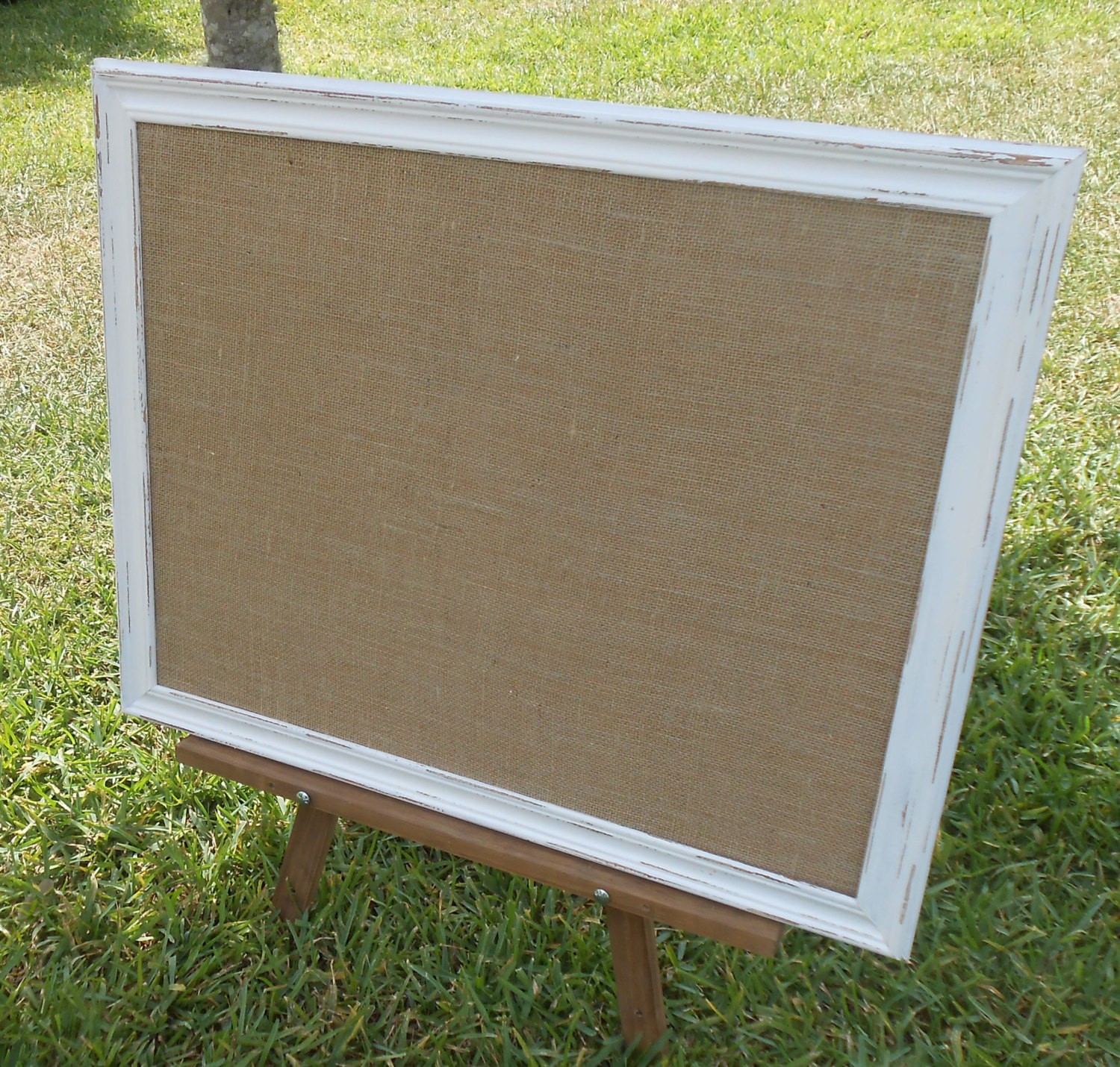 Burlap framed bulletin board white 31 x 25 bulletin board
