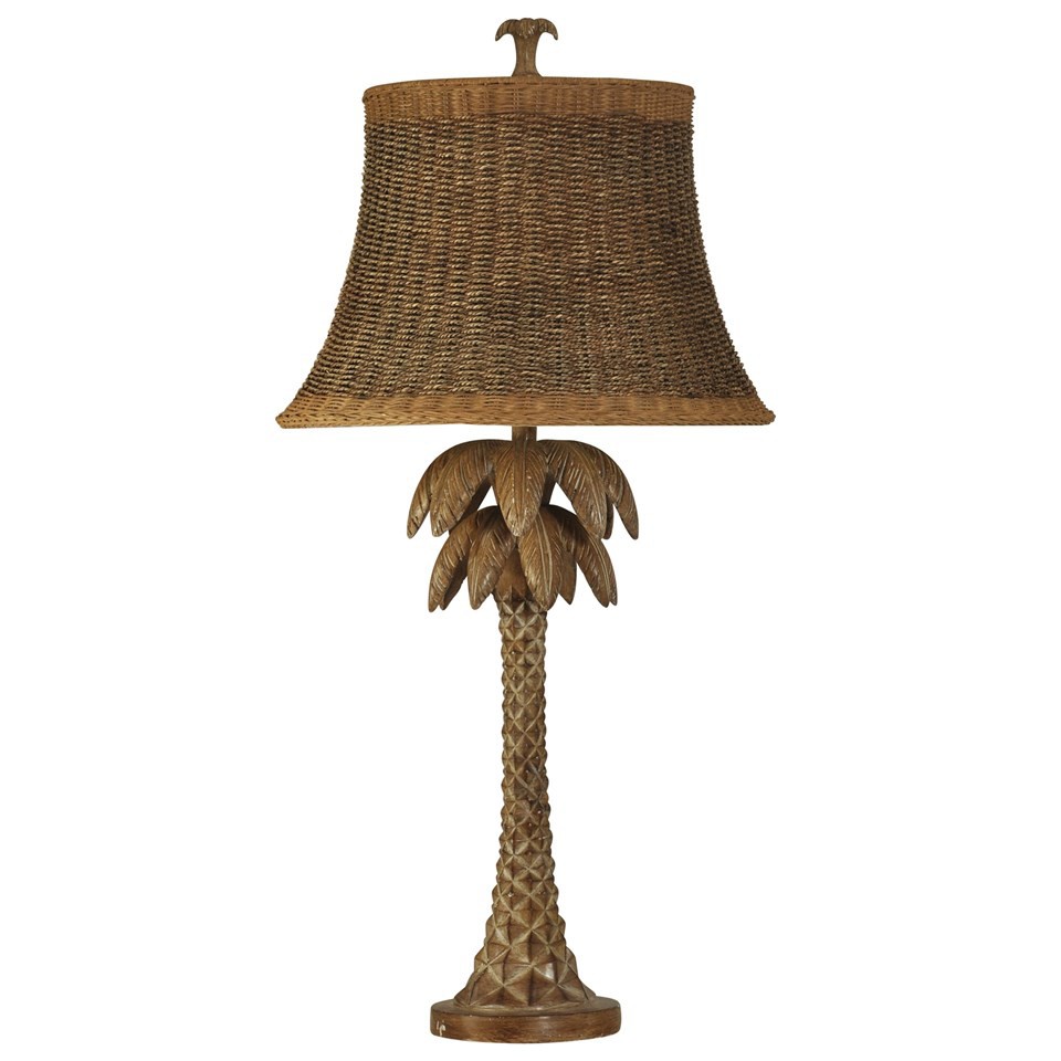 Carved style palm tree table lamp with rattan shade