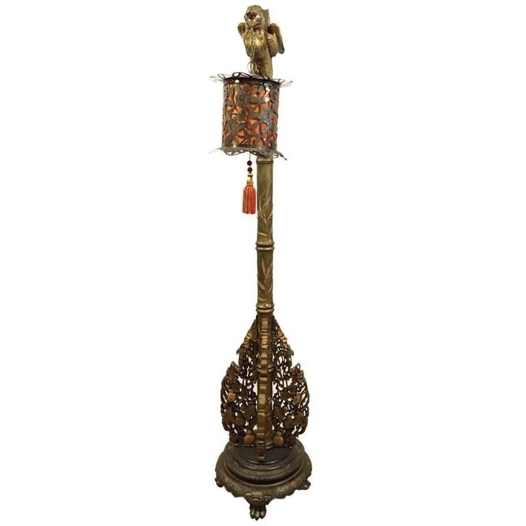 Chinese carved gold gilded phoenix floor lamp for sale at