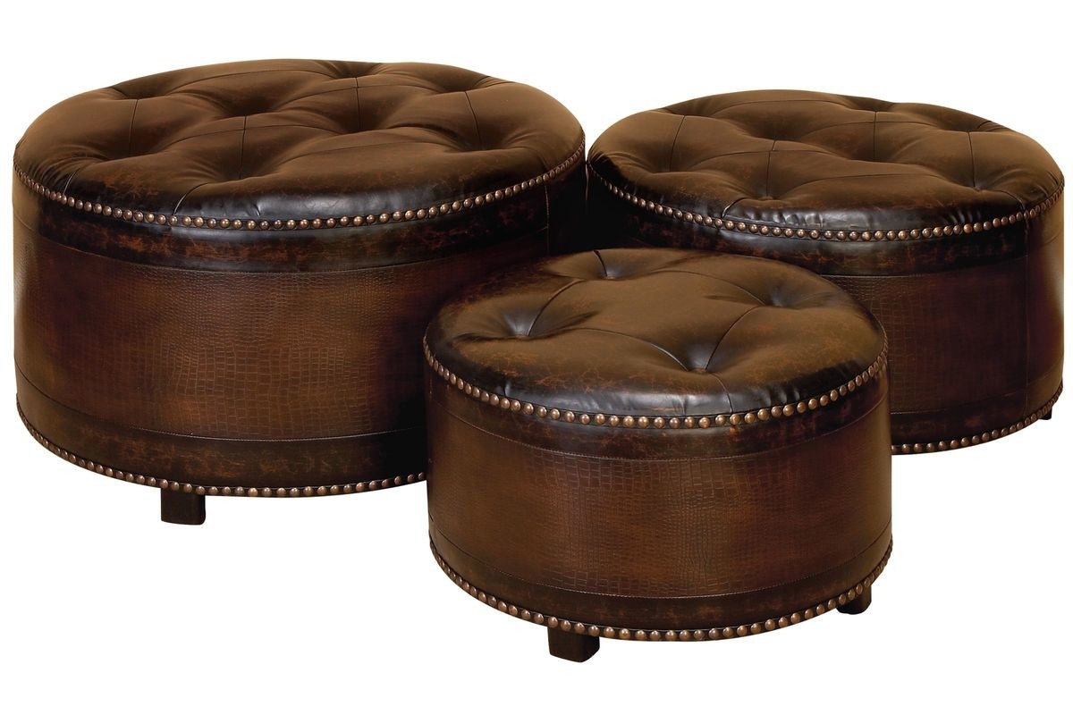 Classic tufted leather round ottomans set of 3 at