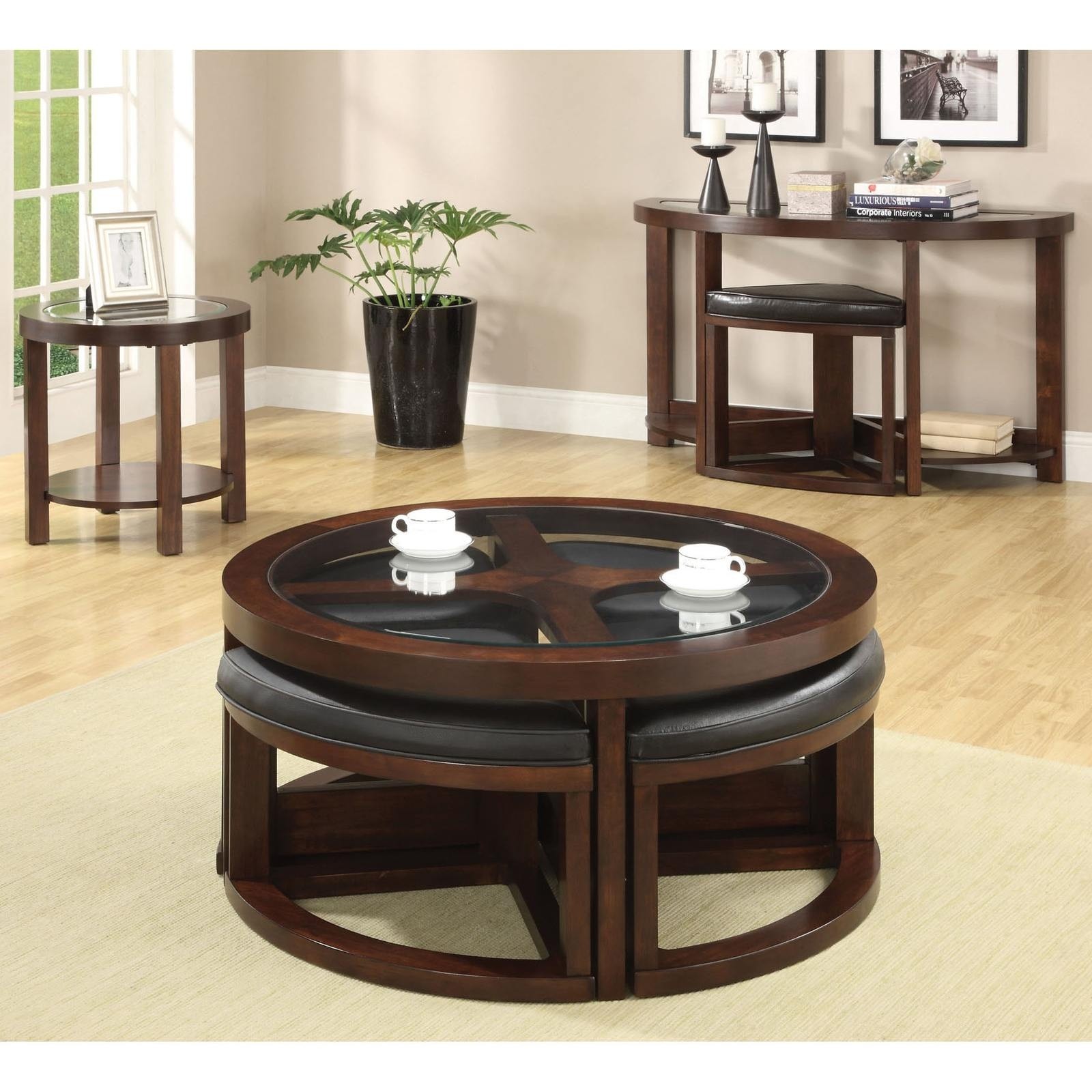 Coffee table ottoman set seating glass chairs wood round