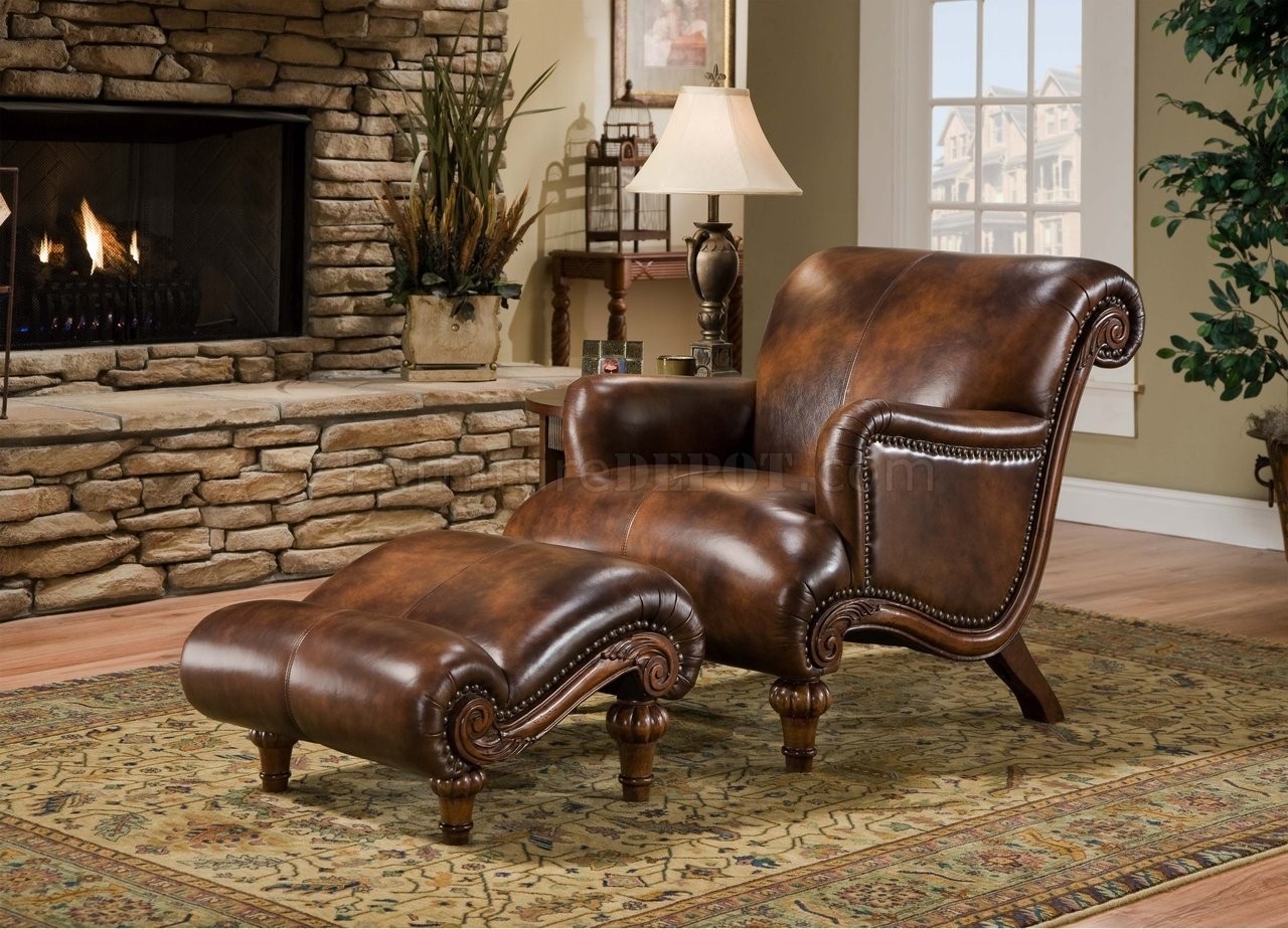 Cognac brown top grain leather traditional chair ottoman 2