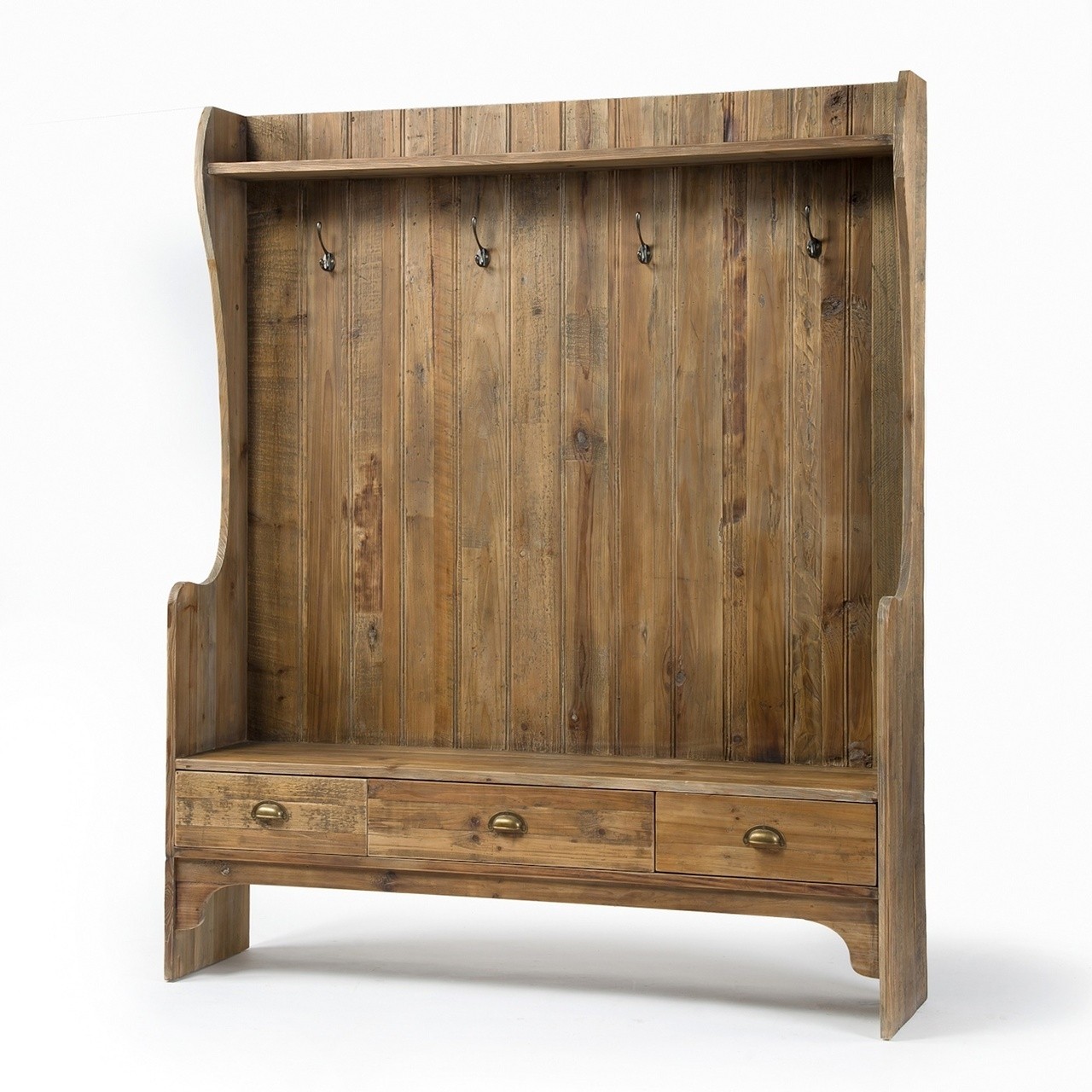 Concord rustic wood entry bench with storage and coat rack