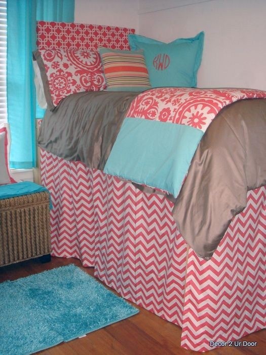 Coral and aqua coral chevron extended length bed skirt