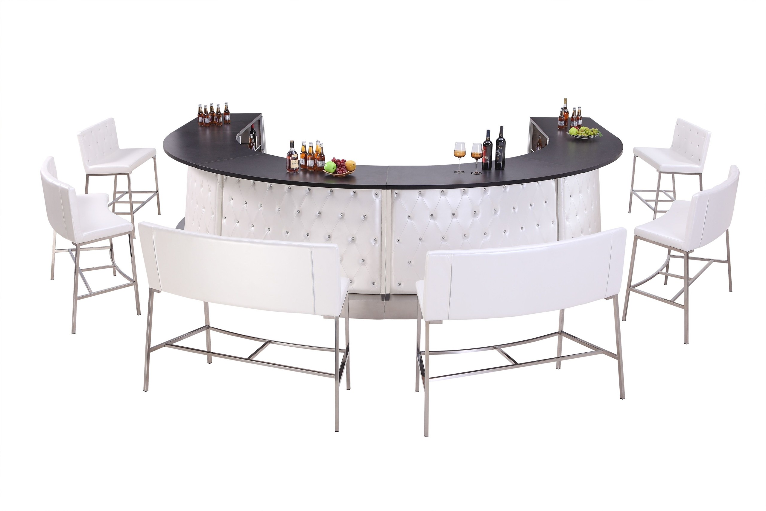 Curved bar arrangement with white leather tufted front