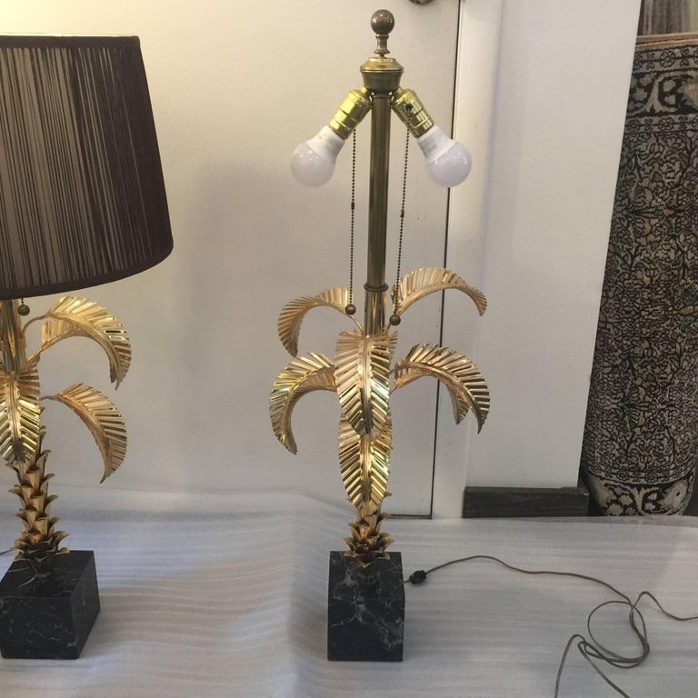 Gold plated palm tree table lamps by jansen pair for
