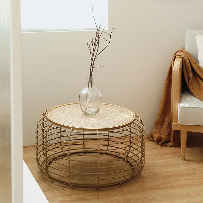 Handmade rattan round coffee table with bamboo woven tray 2
