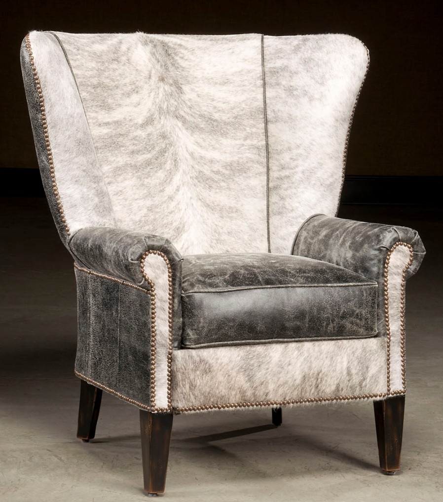 High back accent chair hair hide and distressed leather