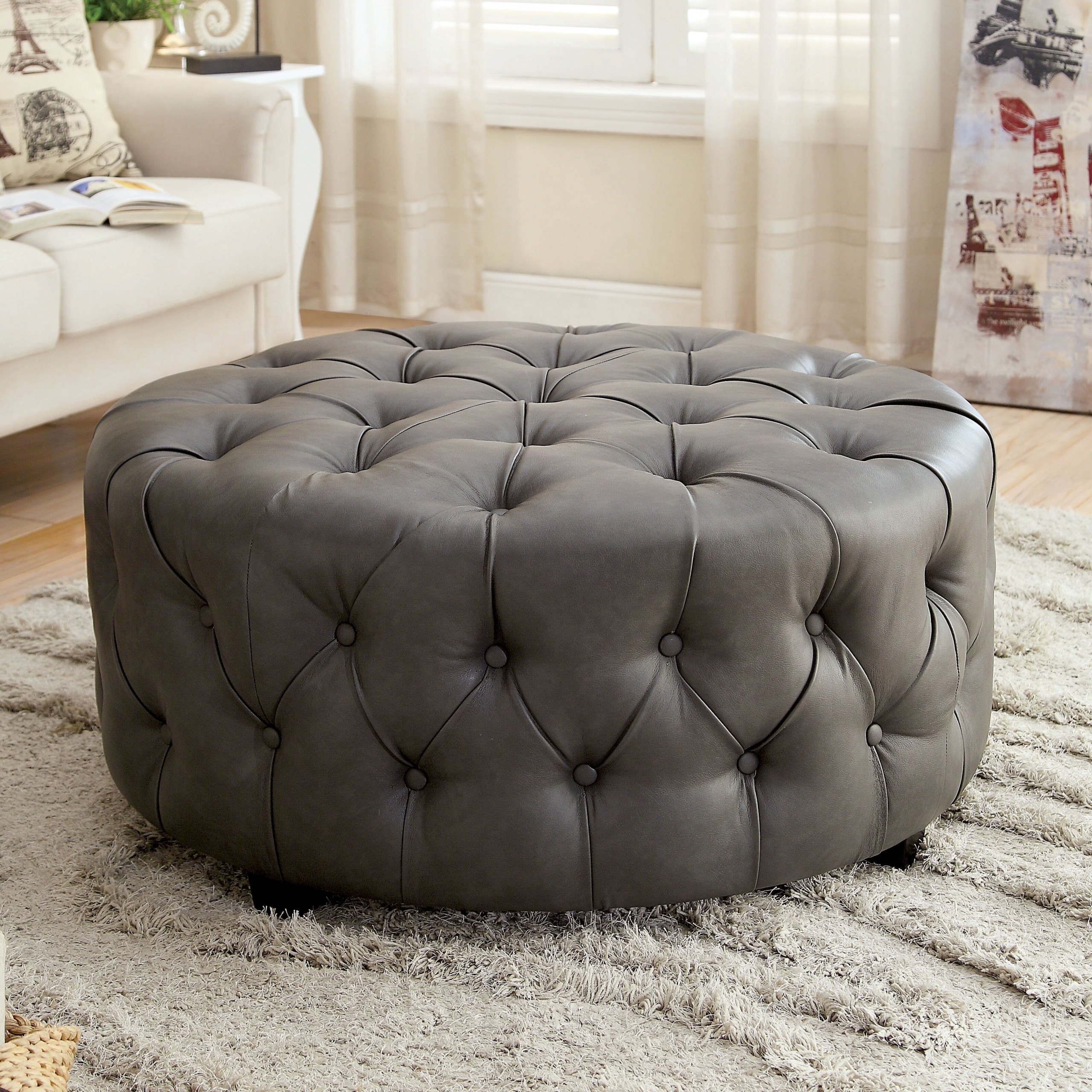 House of hampton bowie leather tufted round ottoman