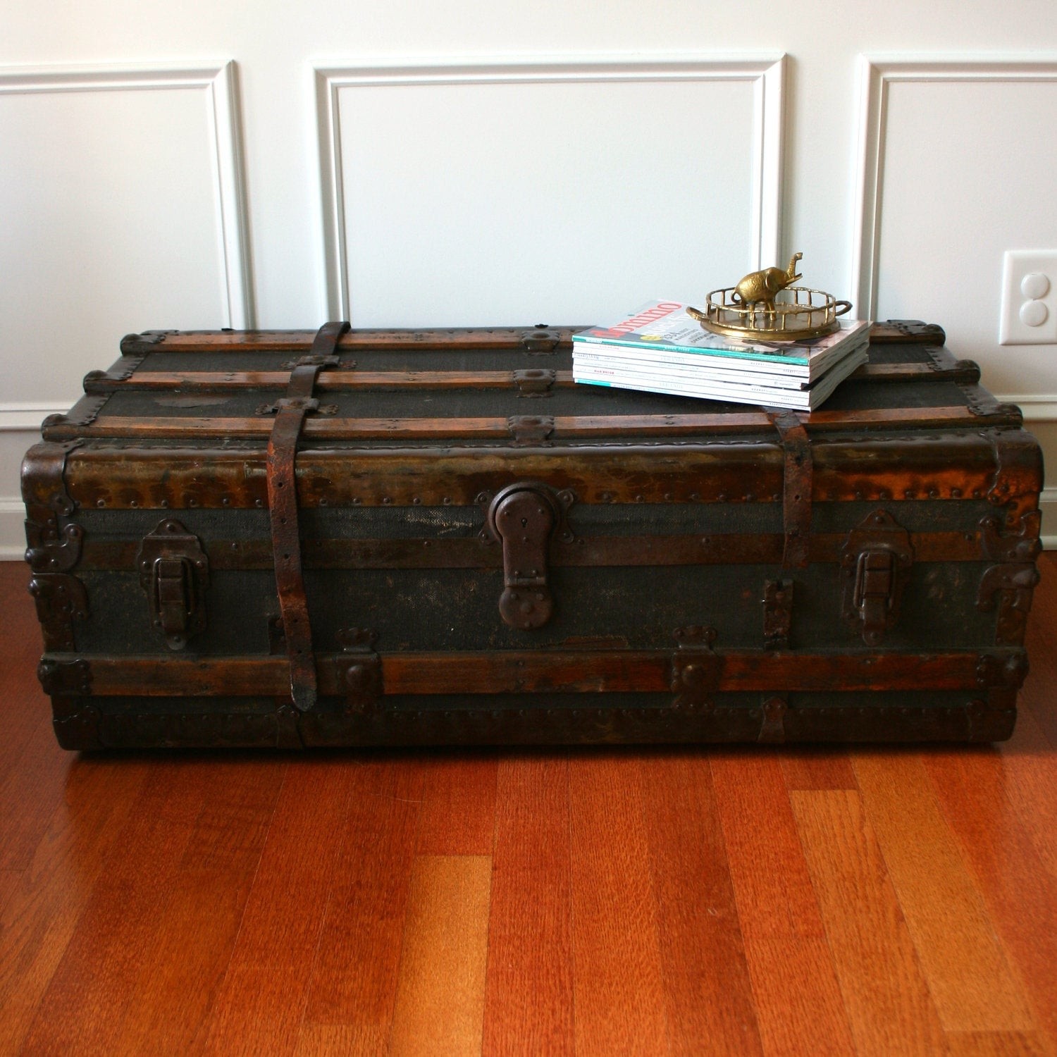 Antique Rare Zinc Covered Travel Trunk Chest Coffee Table 