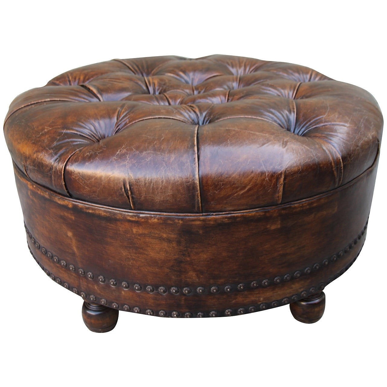 Leather tufted round ottoman at 1stdibs