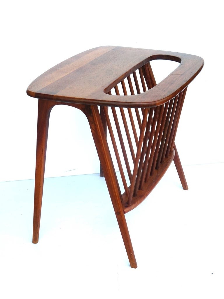 Midcentury side table magazine rack in solid walnut by