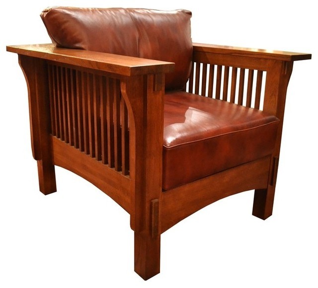 Mission crofter style oak and leather arm chair