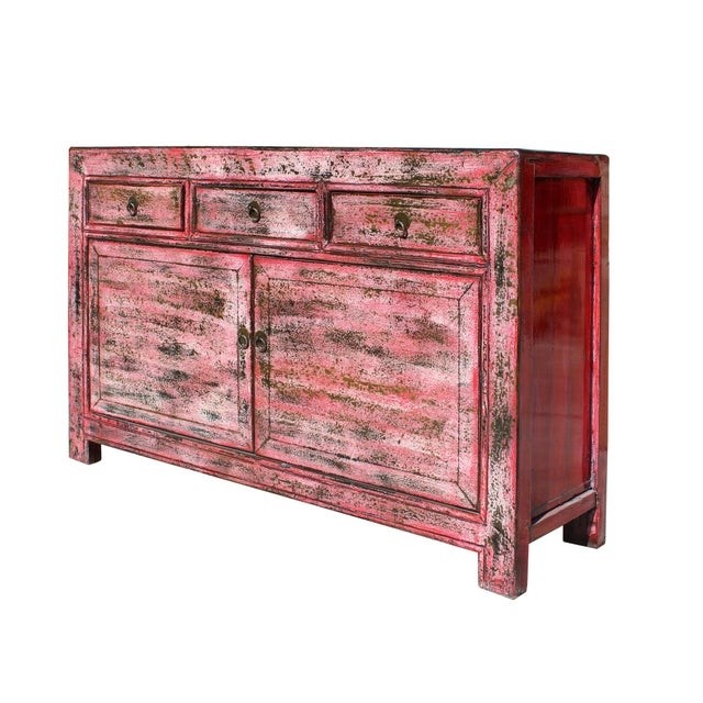 Oriental distressed rustic pink credenza sideboard buffet