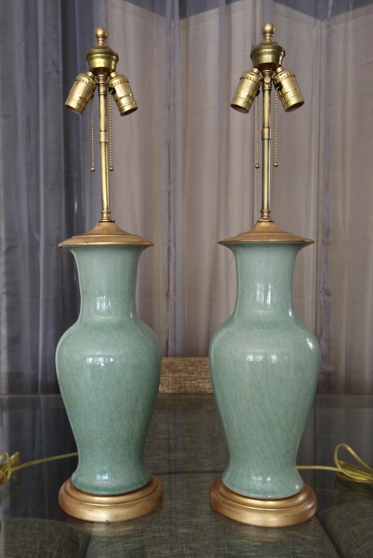Pair of asian chinese celadon green porcelain table lamps 1