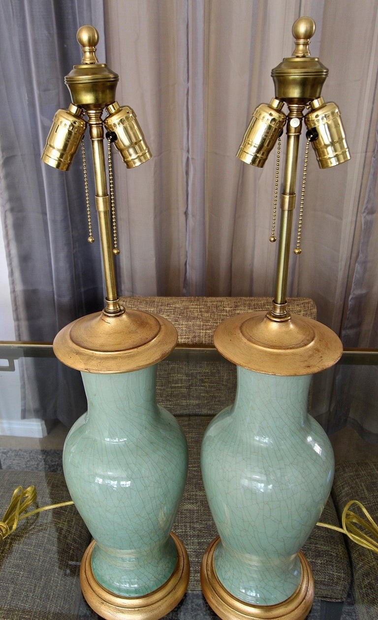 Pair of asian chinese celadon green porcelain table lamps 3