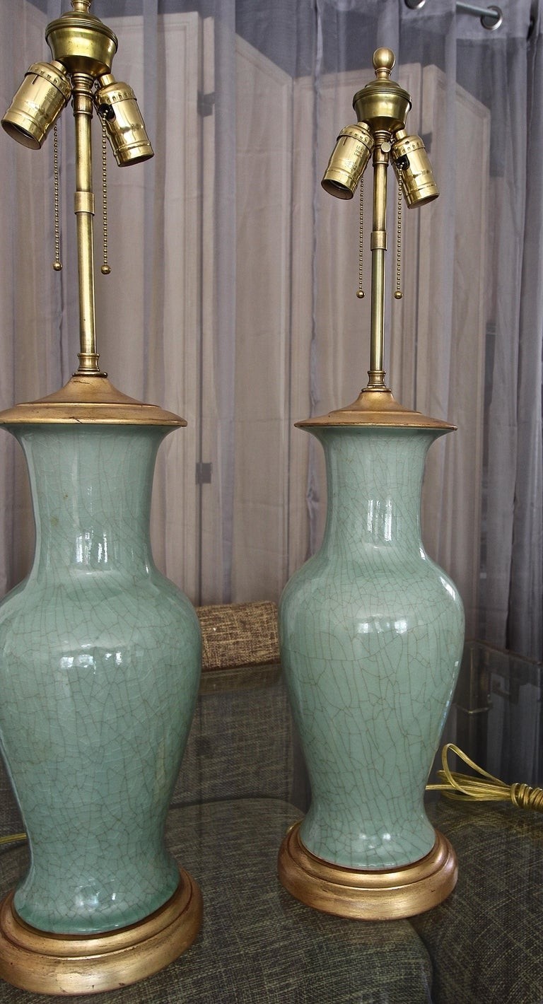 Pair of asian chinese celadon green porcelain table lamps