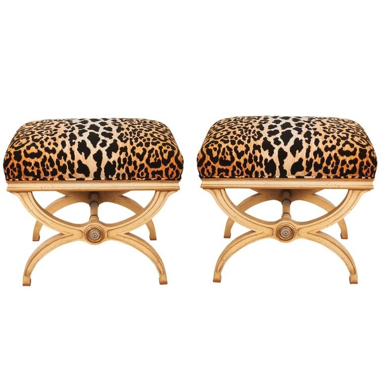 Pair of hollywood regency leopard print velvet benches at