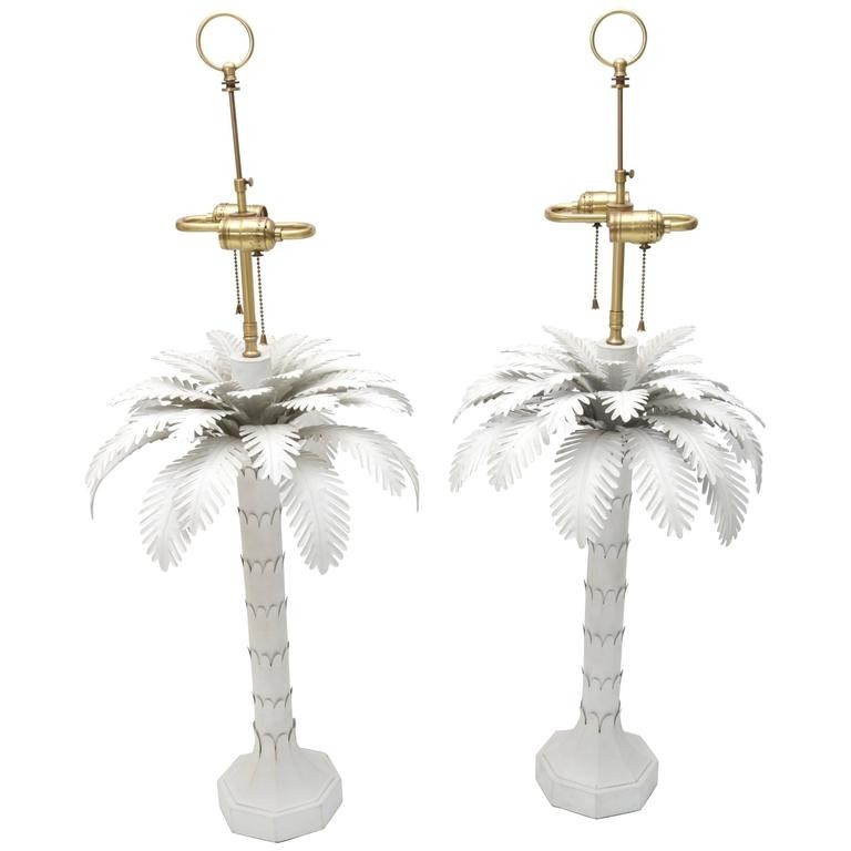 Pair of hollywood regency style white tole palm tree