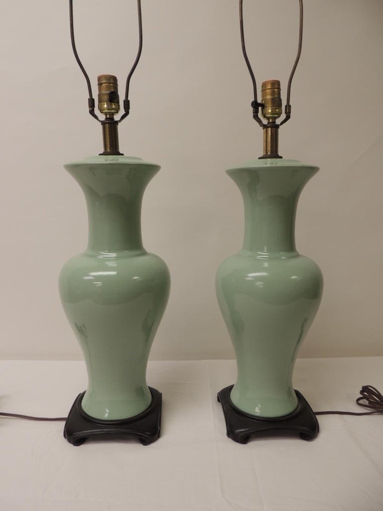 Pair of vintage celadon porcelain table lamps for sale at