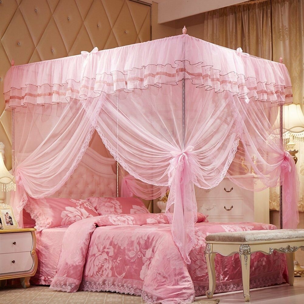 Princess lace bed canopy mosquito net poster ruffles pink 1